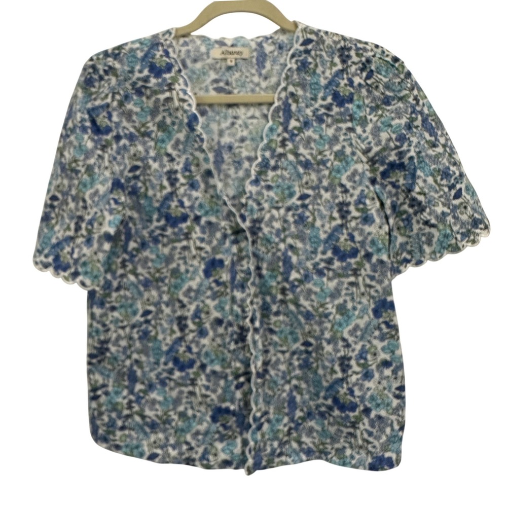 Albaray Floral Blouse Blue Organic Cotton Scallop Trim Cottagecore UK 8 US 4